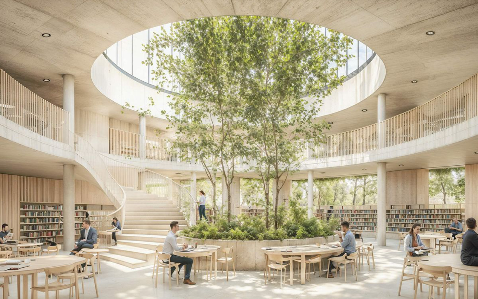 充满绿植和自然光的未来感现代办公大堂